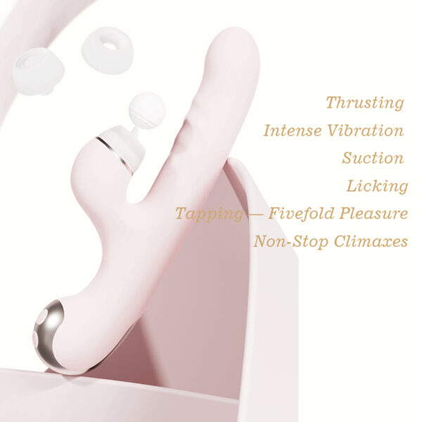 5-in-1 Thrusting & Licking Vibrator for Women – Interchangeable Heads, Suction, Tapping & Powerful Vibration W12